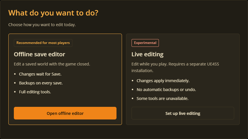 Choose offline or experimental live editing