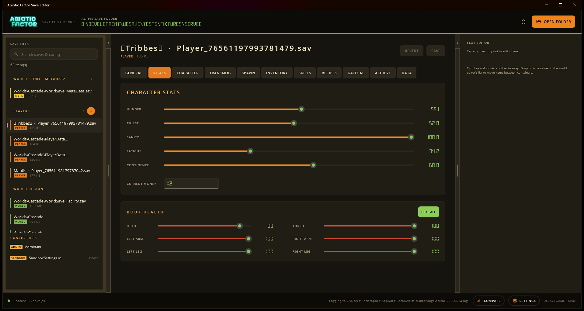 Player vitals tab