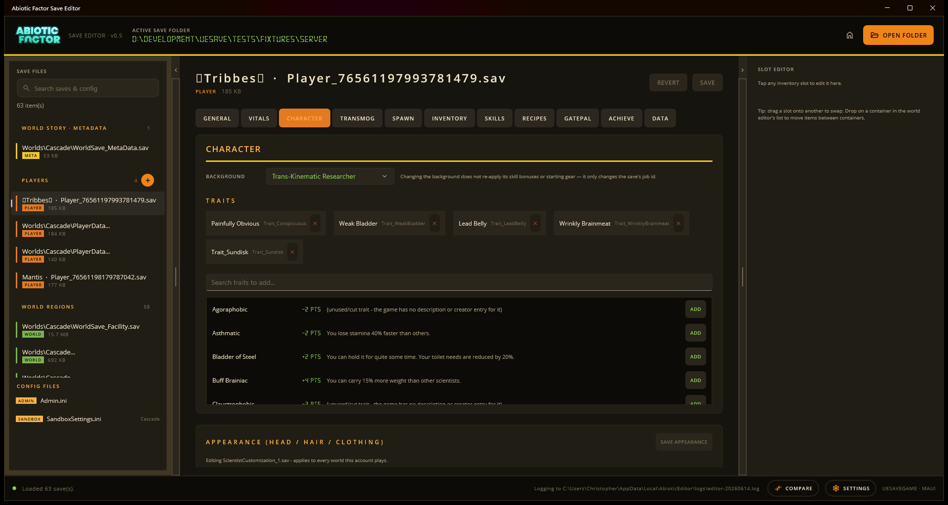 Player character and traits tab