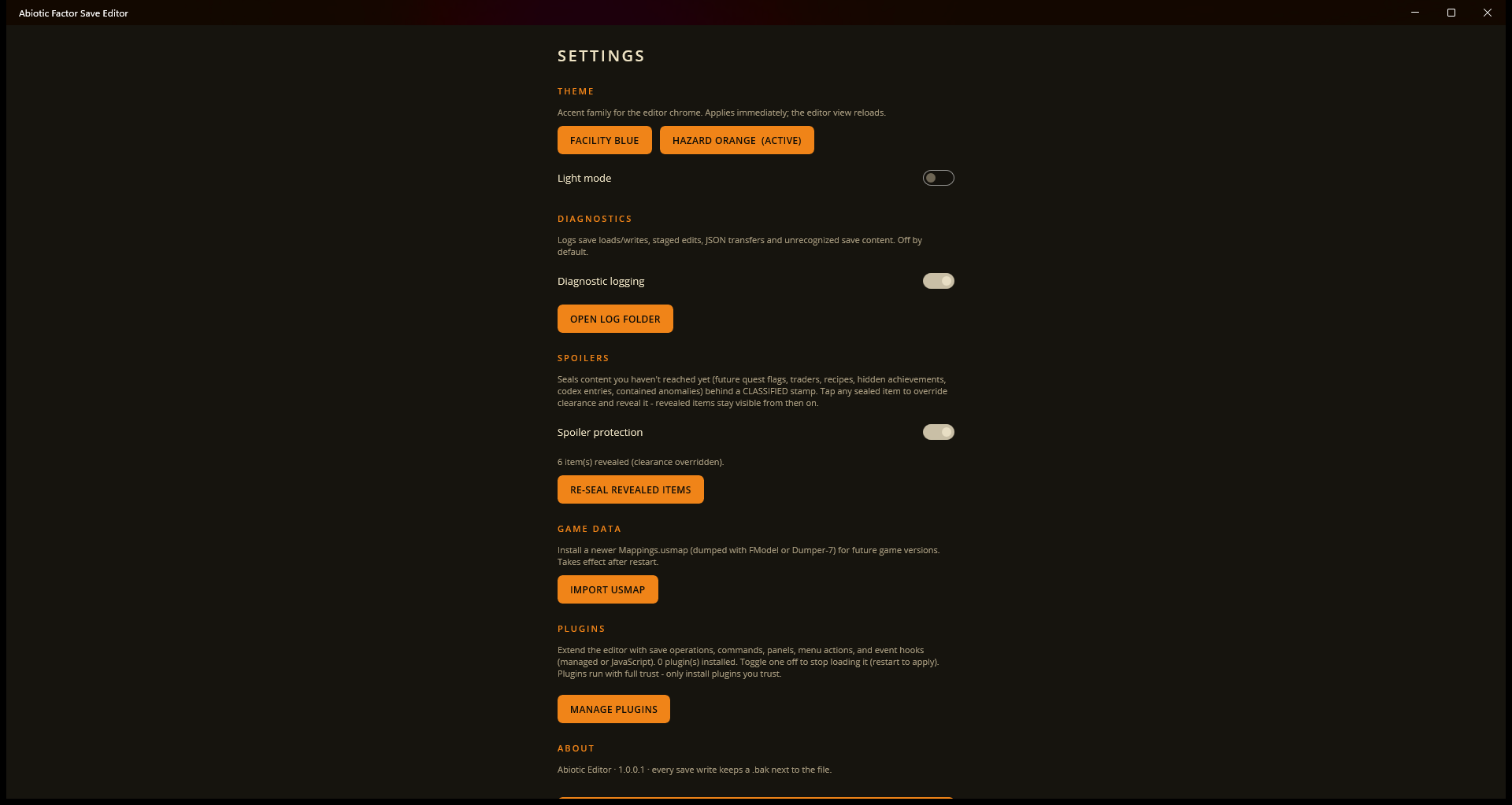 Settings panel