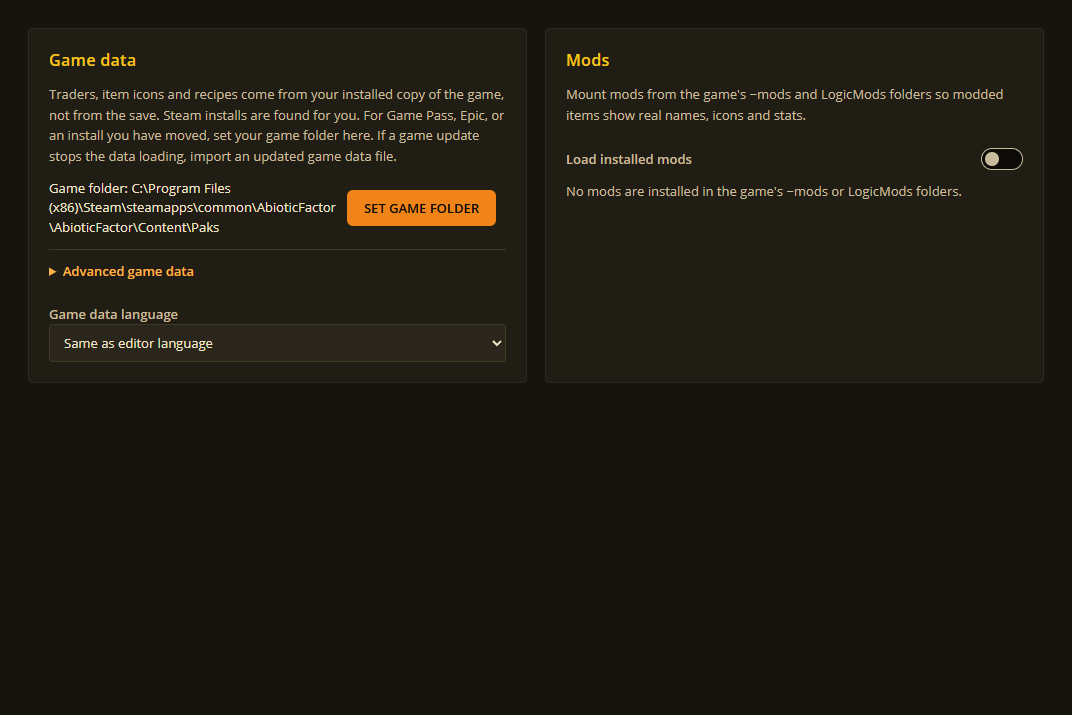 Installed game data settings