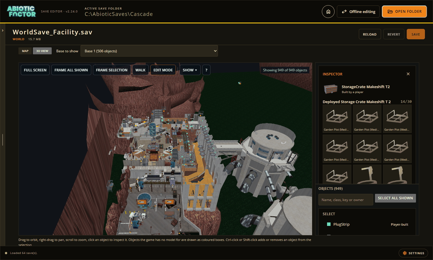 A base in the 3D view, with its card open beside it