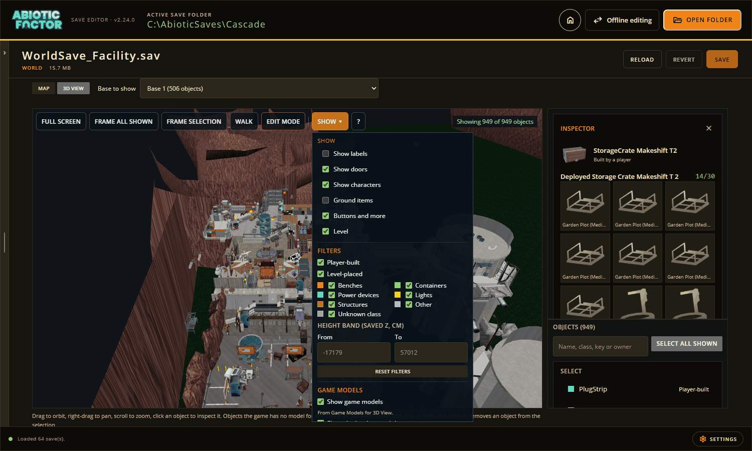 The Show menu open over the 3D view