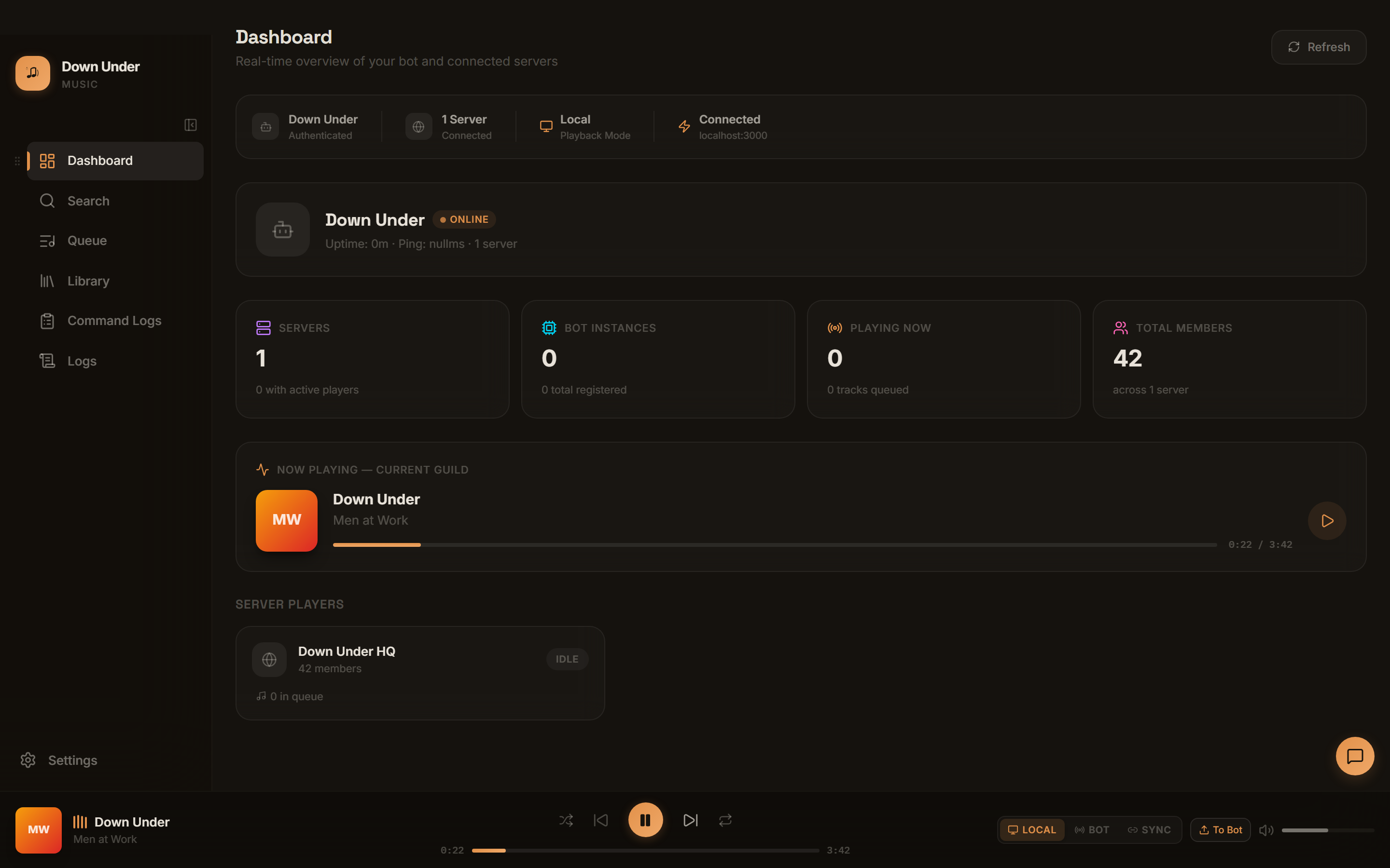 Dashboard page showing bot status, server stats, and now playing