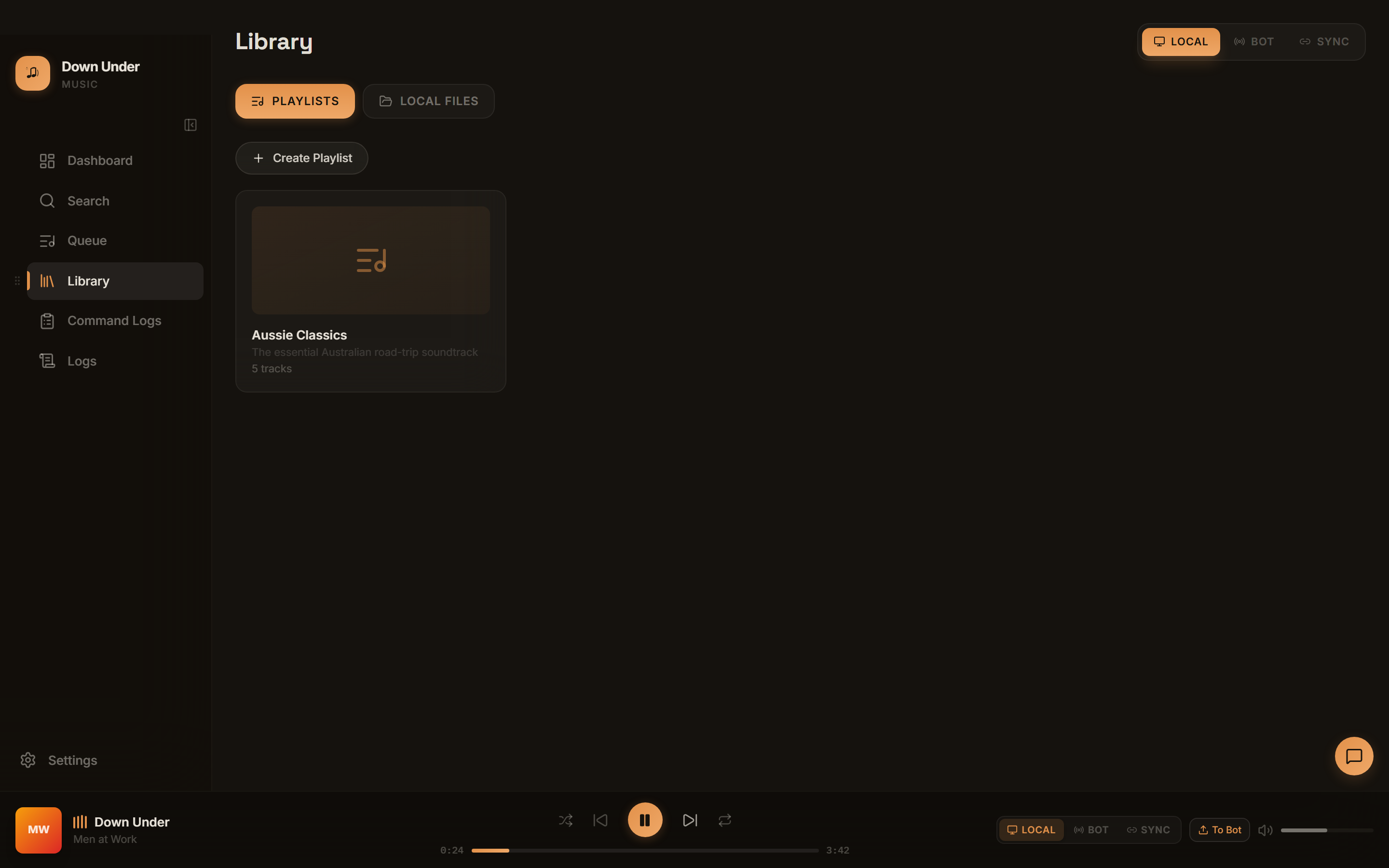 Library page showing playlists and local files tabs