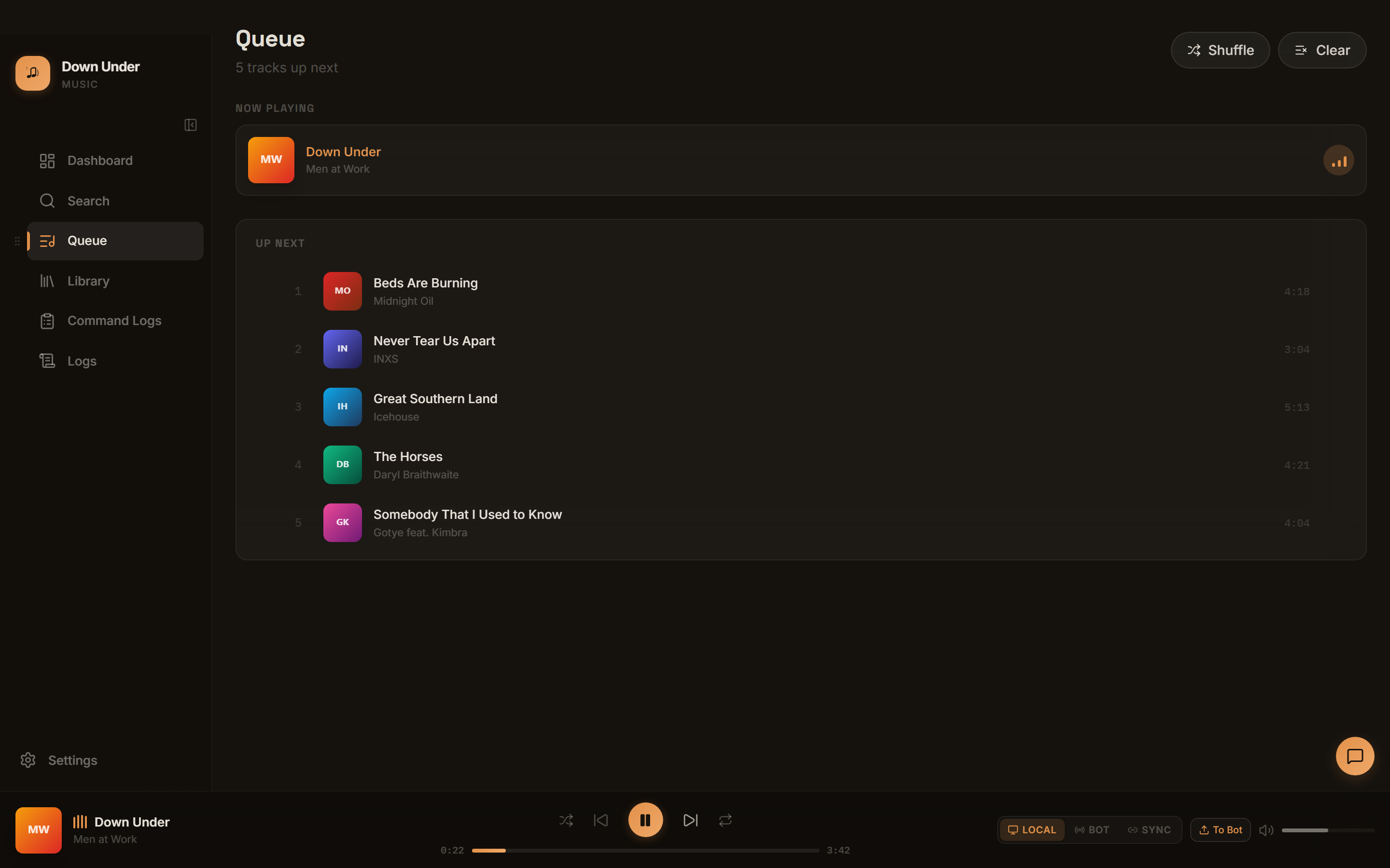 Queue page with a now-playing track and five tracks up next