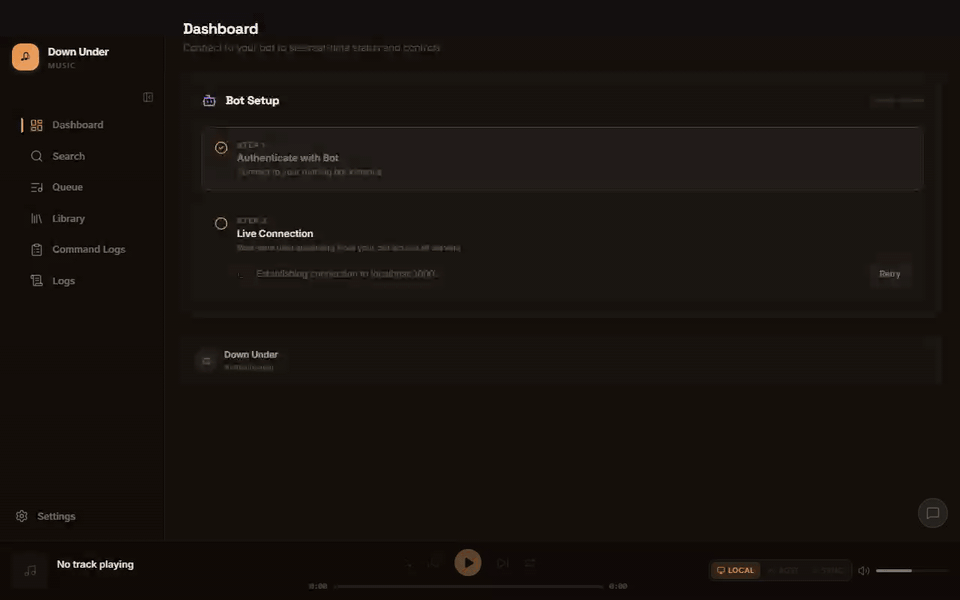 Animated demo: queueing tracks, searching for Down Under, and playing it from the search results