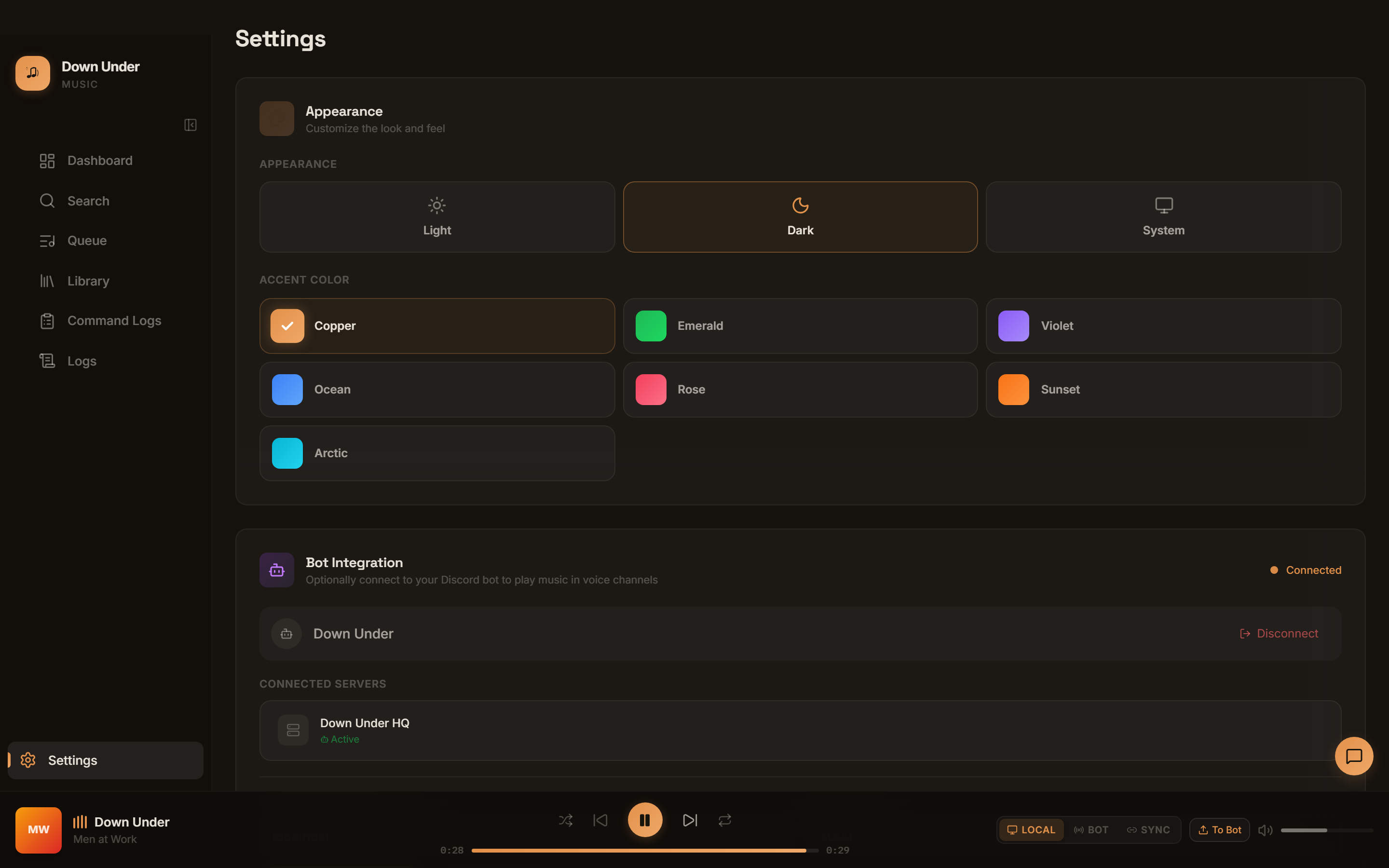 Settings page with theme, accent color, and bot integration options