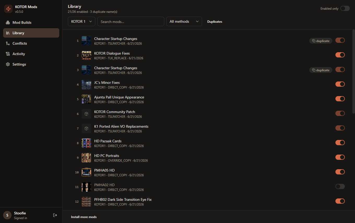 Library - installed mods with thumbnails, search, and on/off switches