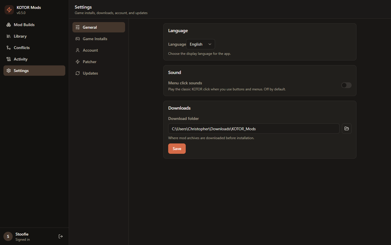 Settings - language, sound, and download folder
