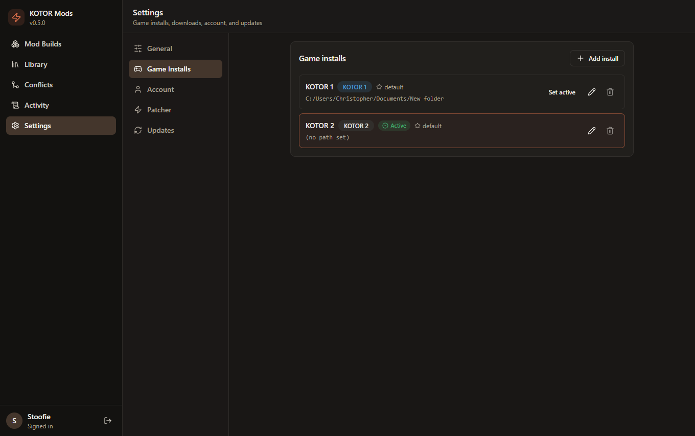 Settings - add your KOTOR 1 and KOTOR 2 game folders