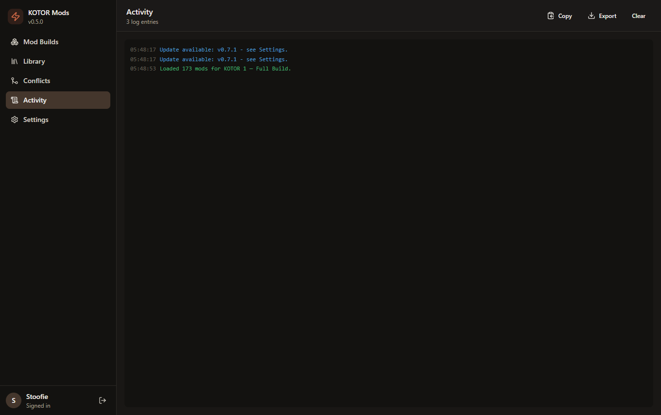 Activity - a live log with copy and export
