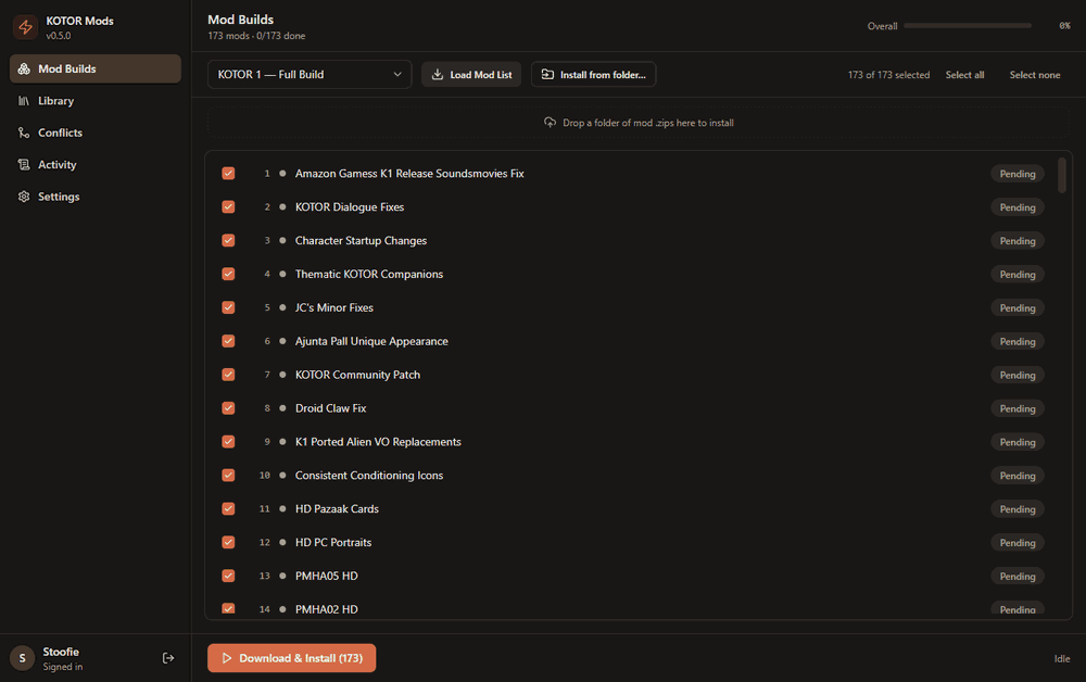 Animated tour moving through the Mod Builds, Library, Conflicts, and Settings screens