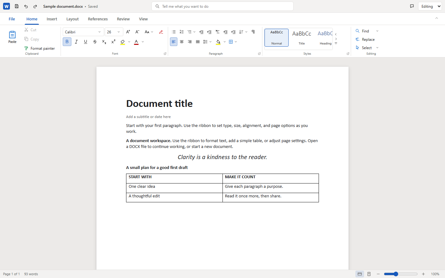 The docx-viewer editor showing a sample document with the Word-style ribbon