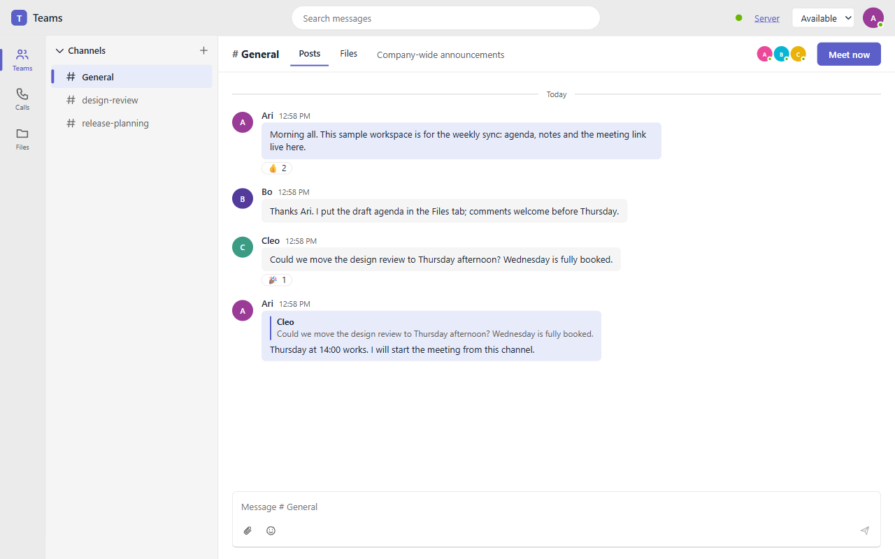 The OpenTeams demo: a channel list, a conversation with replies and reactions, and the composer