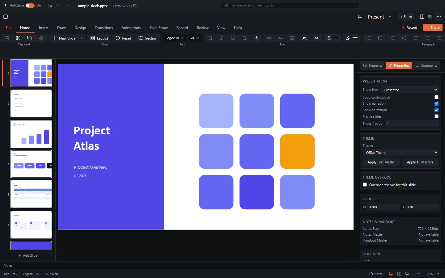 The full editor: ribbon, slide thumbnails, canvas, and inspector panel