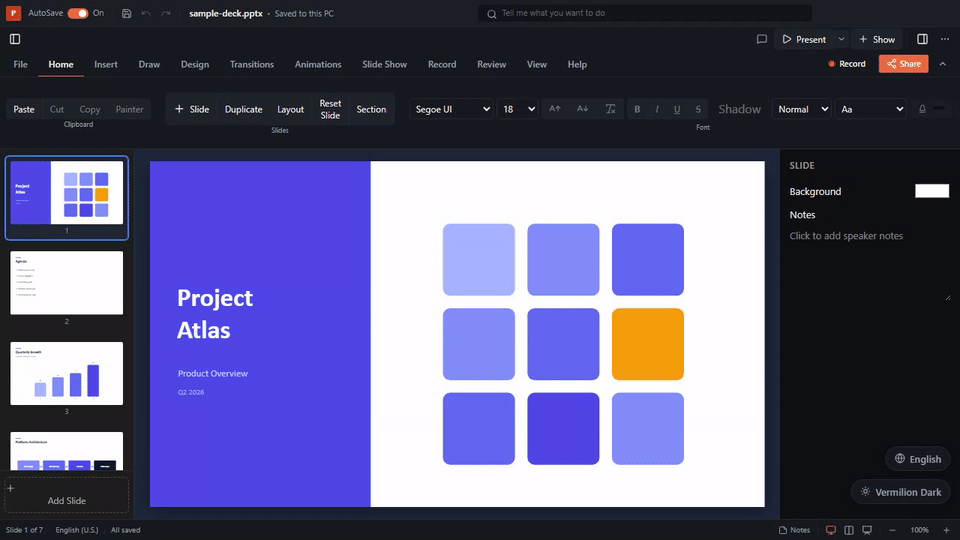 The pptx viewer editing a real deck: flipping slides, dragging an element, and rendering a chart