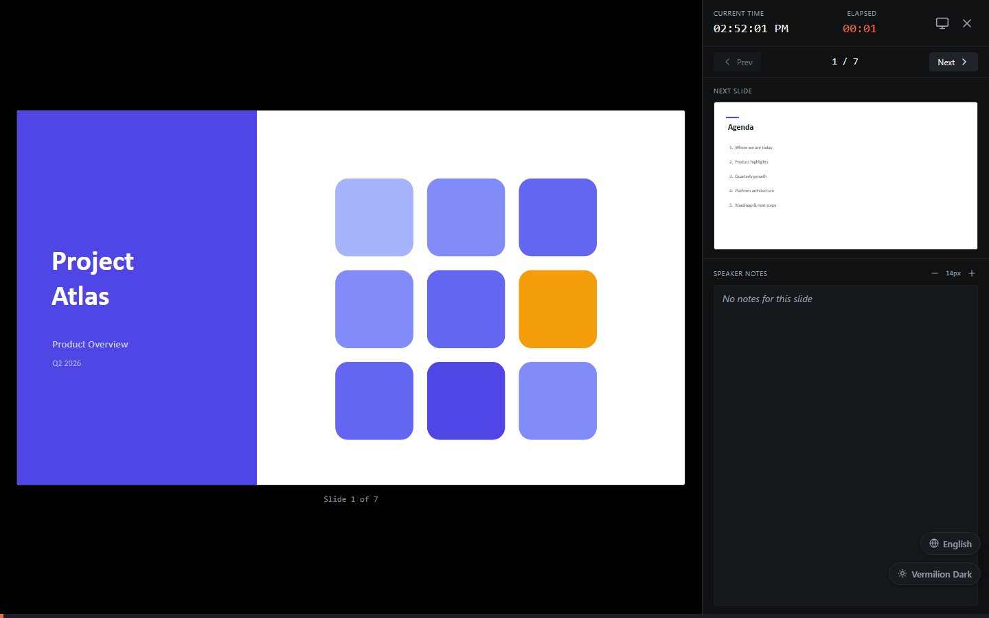 Presenter view showing notes, next slide preview, and timer