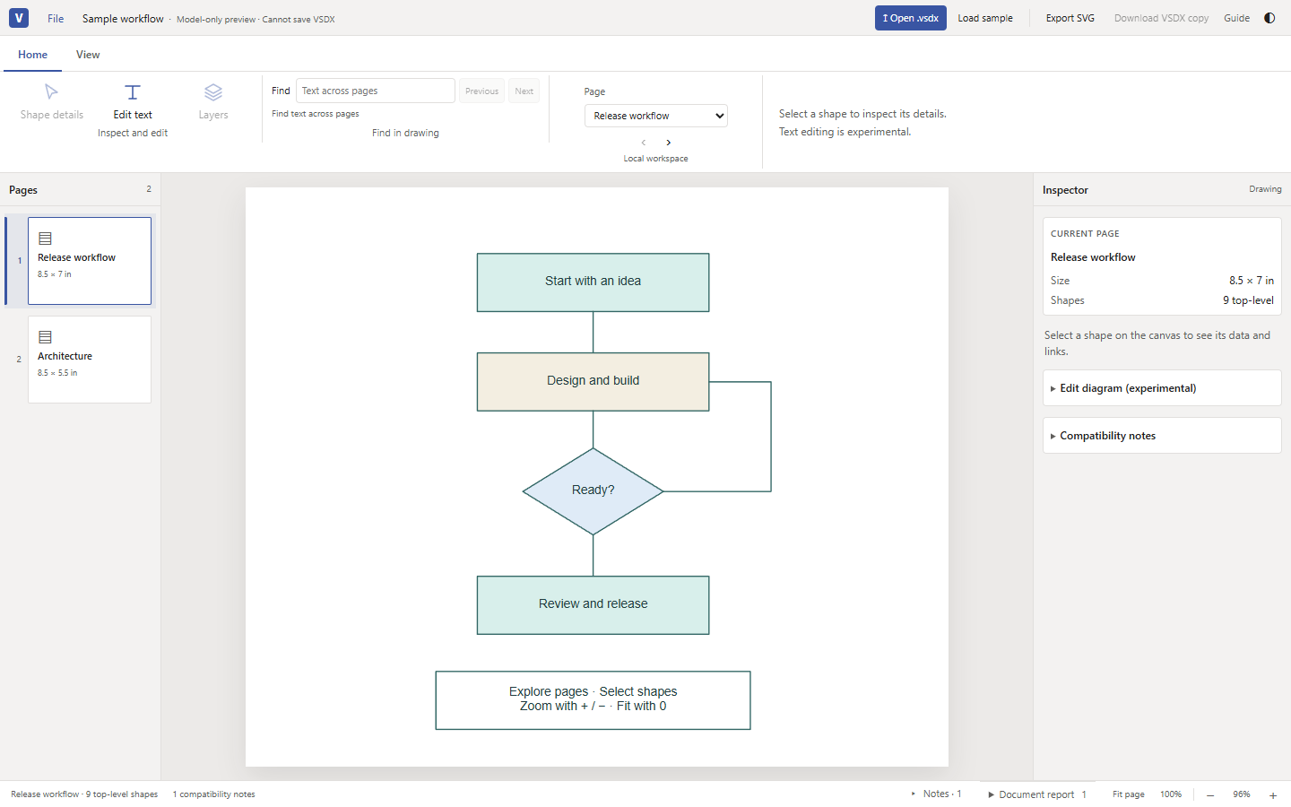 Actual Visio beta workspace showing the original sample, page navigation, ribbon and shape inspector.
